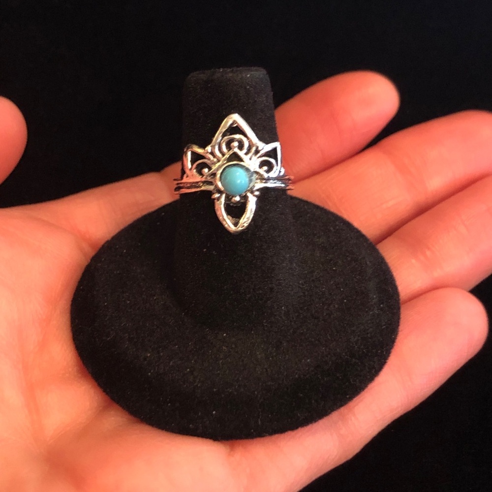 Silver Tone and Blue Stone Crown Ring
